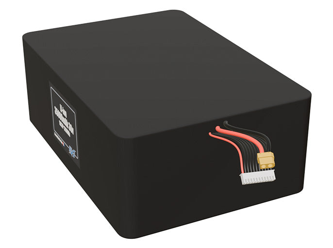 Angled product render of the 35000mAh 80-cell Lithium-ion pack. A lightweight energy source for UAV, drone, and robotic builds.