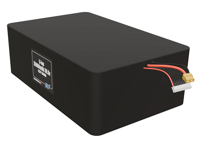 Angled product render of the 35000mAh 88-cell Lithium-ion pack. A lightweight energy source for UAV, drone, and robotic builds.