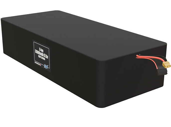 Angled product render of the 35000mAh 112-cell Lithium-ion pack. A lightweight energy source for UAV, drone, and robotic builds.