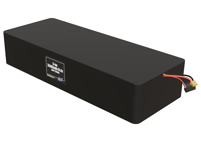 Angled product render of the 35000mAh 125-cell Lithium-ion pack. A lightweight energy source for UAV, drone, and robotic builds.