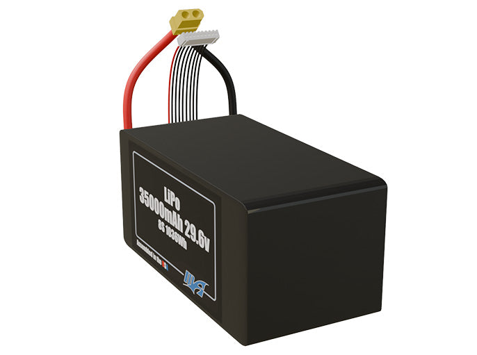 Angled product render of the 35000mAh 8-cell LiPo pack. A lightweight energy source for UAV, drone, and robotic builds.