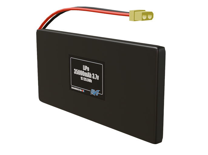 Angled product render of the 35000mAh 1-cell LiPo pack. A lightweight energy source for UAV, drone, and robotic builds.