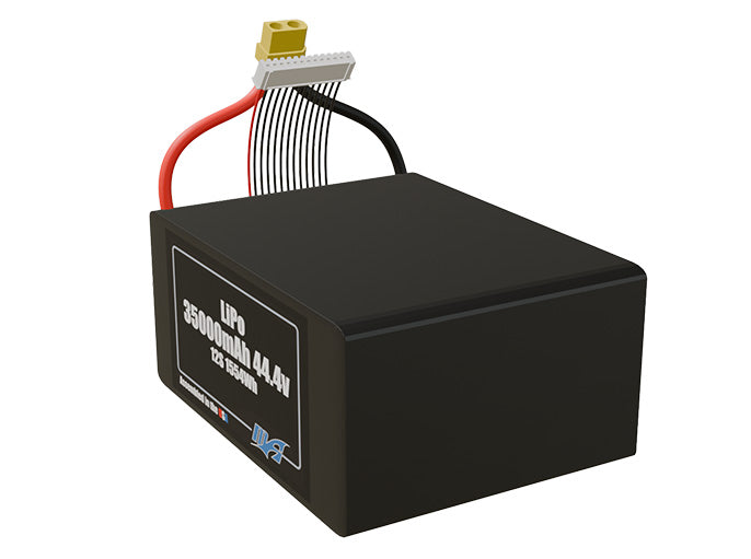 Angled product render of the 35000mAh 12-cell LiPo pack. A lightweight energy source for UAV, drone, and robotic builds.