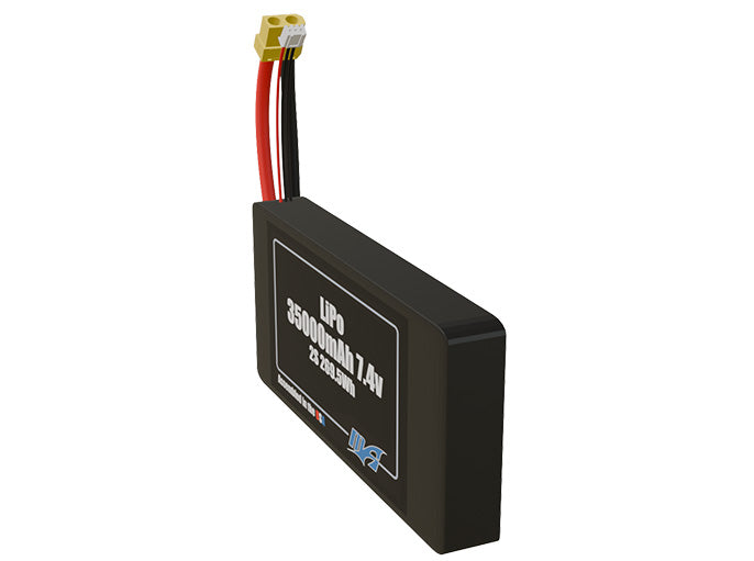 Angled product render of the 35000mAh 2-cell LiPo pack. A lightweight energy source for UAV, drone, and robotic builds.
