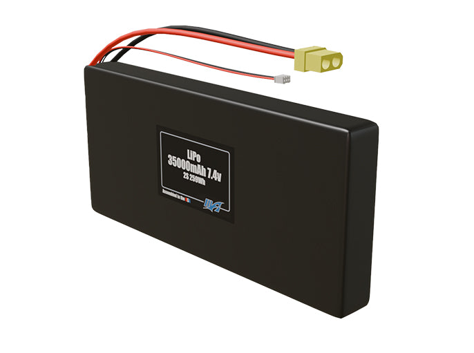 Angled product render of the 35000mAh 2-cell LiPo pack. A lightweight energy source for UAV, drone, and robotic builds.