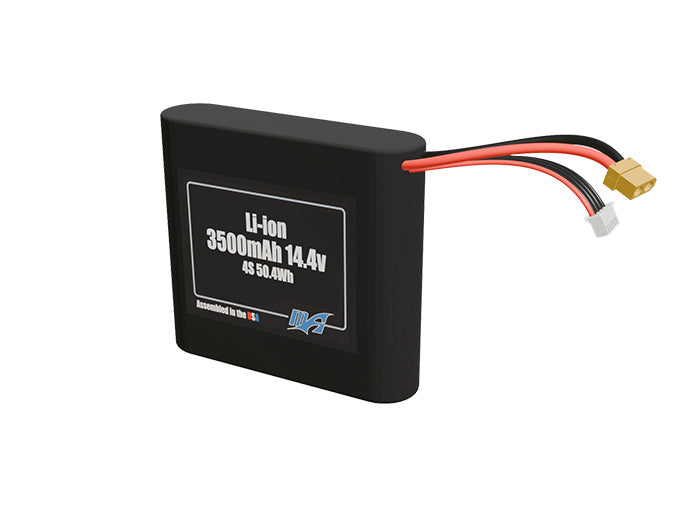 Angled product render of the 3500mAh four-cell Li-ion pack. A lightweight energy source for UAV, drone, and robotic builds.