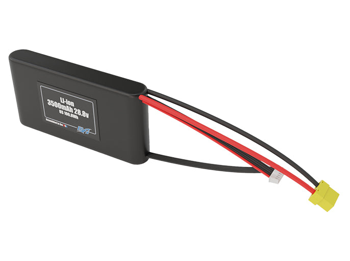 Angled product render of the 3500mAh eight-cell Li-ion pack. A lightweight energy source for UAV, drone, and robotic builds.