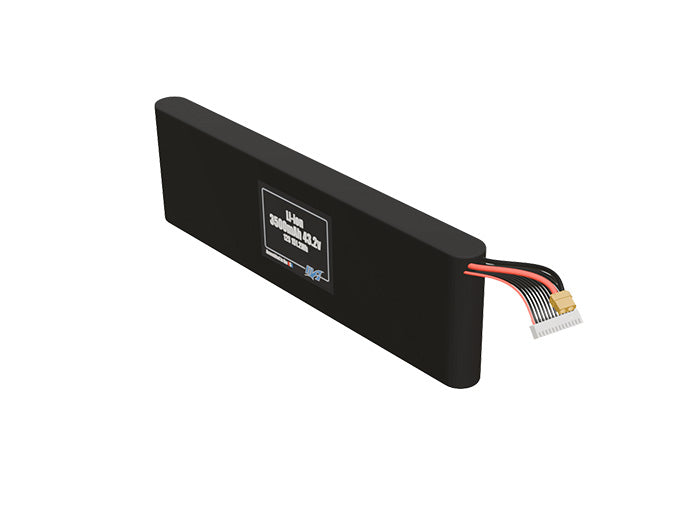 Angled product render of the 3500mAh twelve-cell Li-ion pack. A lightweight energy source for UAV, drone, and robotic builds.