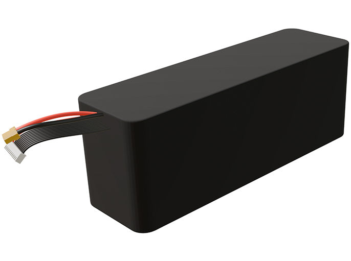 Side-angle render of a 36-volt 13500mAh lithium-ion battery, assembled in the USA for compact UAV, drone, and military robotics platforms.