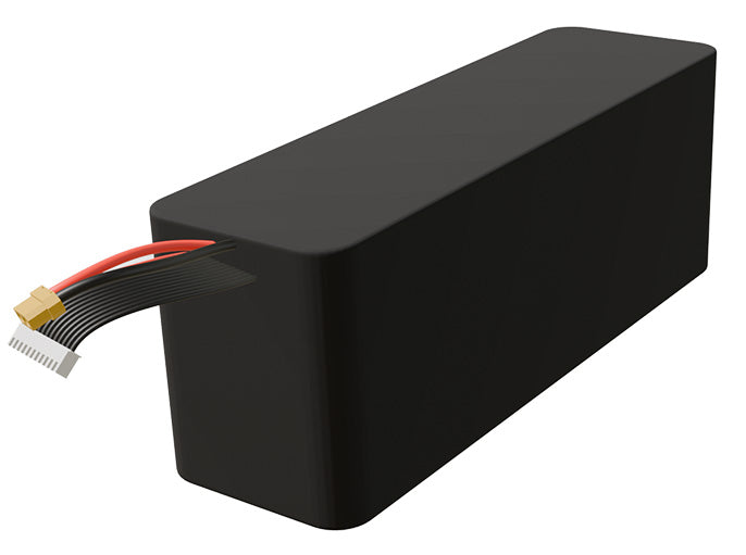 Side-angle render of a 36-volt 15000mAh lithium-ion battery, assembled in the USA for compact UAV, drone, and military robotics platforms.