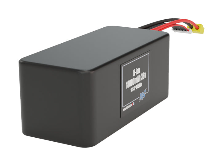 Side-angle render of a 36-volt 18000mAh lithium-ion battery, assembled in the USA for compact UAV, drone, and military robotics platforms.