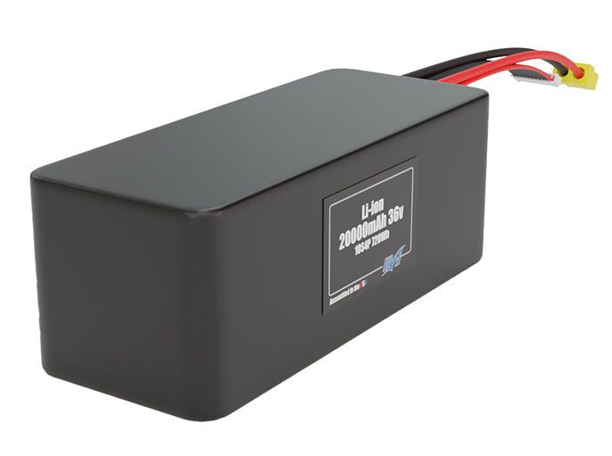 Side-angle render of a 36-volt 20000mAh lithium-ion battery, assembled in the USA for compact UAV, drone, and military robotics platforms.