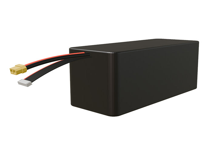 Side-angle render of a 36-volt 24000mAh lithium-ion battery, assembled in the USA for compact UAV, drone, and military robotics platforms.