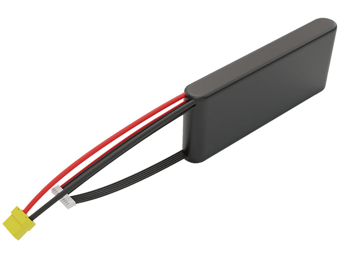 Side-angle render of a 36-volt 3500mAh lithium-ion battery, assembled in the USA for compact UAV, drone, and military robotics platforms.