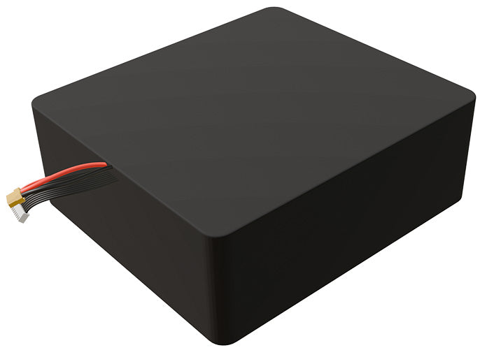 Side-angle render of a 36-volt 40000mAh lithium-ion battery, assembled in the USA for compact UAV, drone, and military robotics platforms.