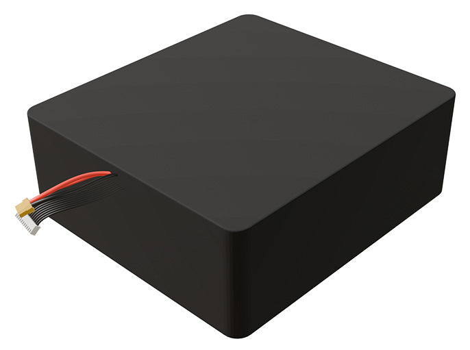 Side-angle render of a 36-volt 45000mAh lithium-ion battery, assembled in the USA for compact UAV, drone, and military robotics platforms.