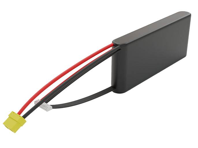 Side-angle render of a 36-volt 5000mAh lithium-ion battery, assembled in the USA for compact UAV, drone, and military robotics platforms.