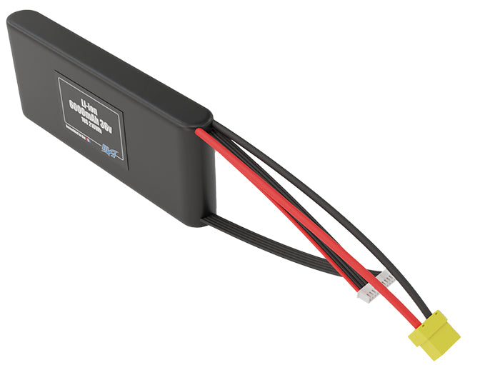 Side-angle render of a 36-volt 6000mAh lithium-ion battery, assembled in the USA for compact UAV, drone, and military robotics platforms.