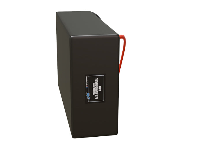 Side-angle render of a 37-volt 105000mAh lithium-polymer battery, assembled in the USA for compact UAV, drone, and military robotics platforms.