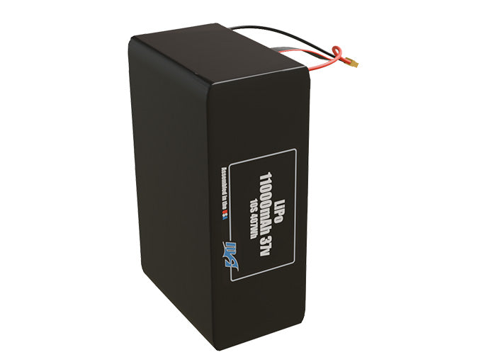 Side-angle render of a 37-volt 11000mAh lithium-polymer battery, assembled in the USA for compact UAV, drone, and military robotics platforms.