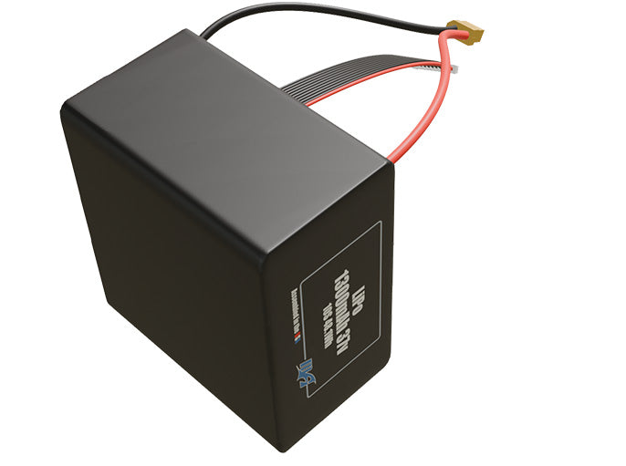 Side-angle render of a 37-volt 1300mAh lithium-polymer battery, assembled in the USA for compact UAV, drone, and military robotics platforms.