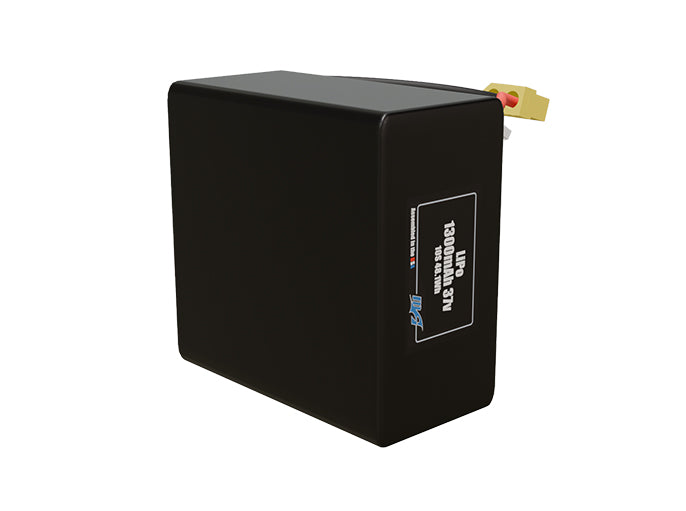 Side-angle render of a 37-volt 1300mAh lithium-polymer battery, assembled in the USA for compact UAV, drone, and military robotics platforms.