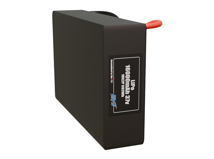 Side-angle render of a 37-volt 16000mAh lithium-polymer battery, assembled in the USA for compact UAV, drone, and military robotics platforms.
