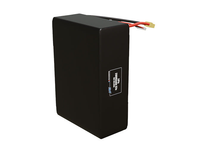 Side-angle render of a 37-volt 2800mAh lithium-polymer battery, assembled in the USA for compact UAV, drone, and military robotics platforms.