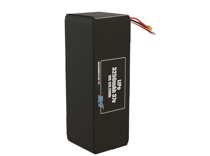 Side-angle render of a 37-volt 3250mAh lithium-polymer battery, assembled in the USA for compact UAV, drone, and military robotics platforms.