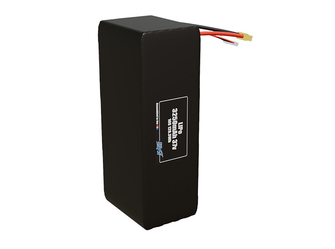Side-angle render of a 37-volt 3250mAh lithium-polymer battery, assembled in the USA for compact UAV, drone, and military robotics platforms.