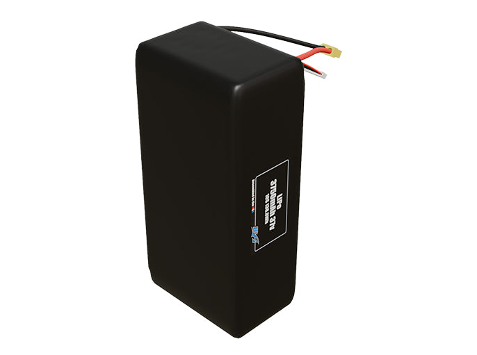 Side-angle render of a 37-volt 3750mAh lithium-polymer battery, assembled in the USA for compact UAV, drone, and military robotics platforms.