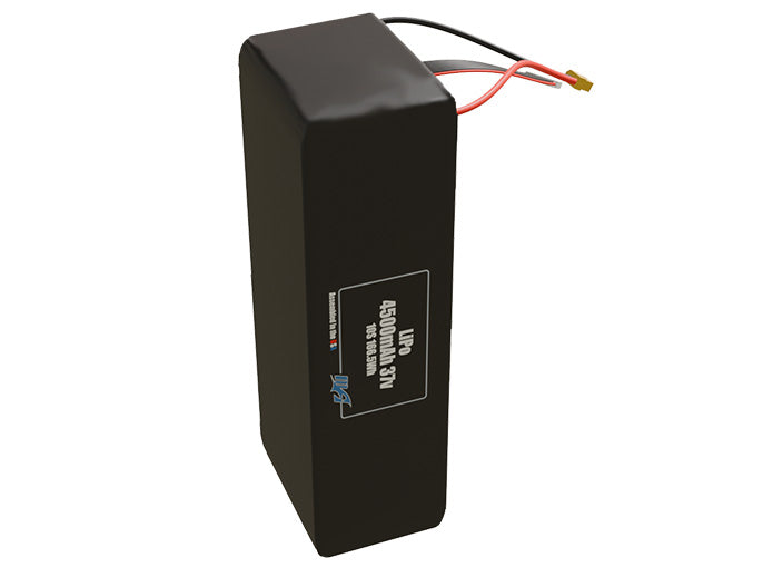 Side-angle render of a 37-volt 4500mAh lithium-polymer battery, assembled in the USA for compact UAV, drone, and military robotics platforms.