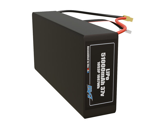Side-angle render of a 37-volt 51000mAh lithium-polymer battery, assembled in the USA for compact UAV, drone, and military robotics platforms.
