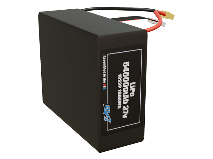 Side-angle render of a 37-volt 54000mAh lithium-polymer battery, assembled in the USA for compact UAV, drone, and military robotics platforms.