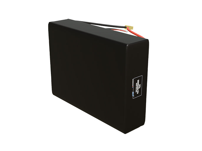 Side-angle render of a 37-volt 5600mAh lithium-polymer battery, assembled in the USA for compact UAV, drone, and military robotics platforms.