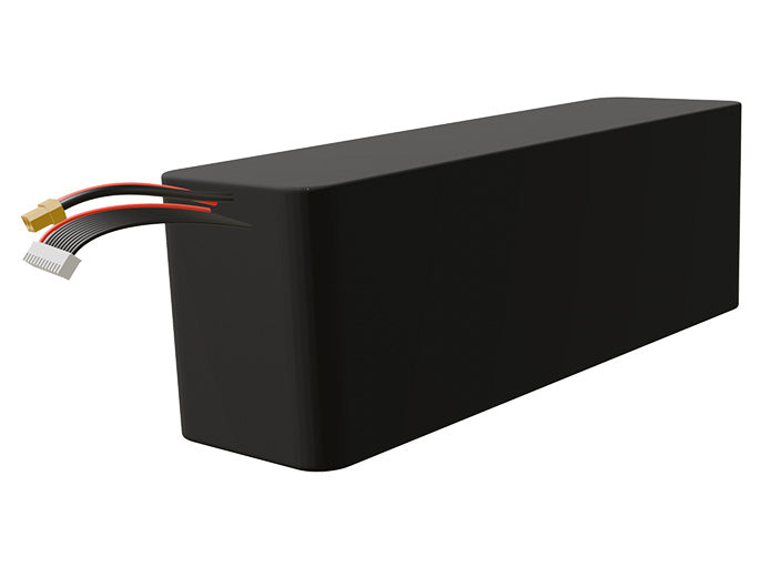 Side-angle render of a 39.6-volt 13500mAh lithium-ion battery, assembled in the USA for compact UAV, drone, and military robotics platforms.