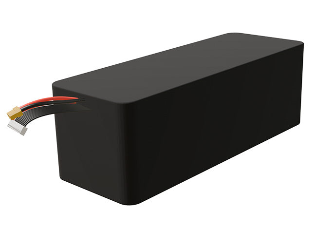 Side-angle render of a 39.6-volt 14000mAh lithium-ion battery, assembled in the USA for compact UAV, drone, and military robotics platforms.