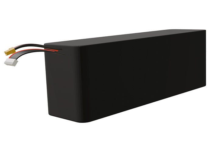 Side-angle render of a 39.6-volt 15000mAh lithium-ion battery, assembled in the USA for compact UAV, drone, and military robotics platforms.