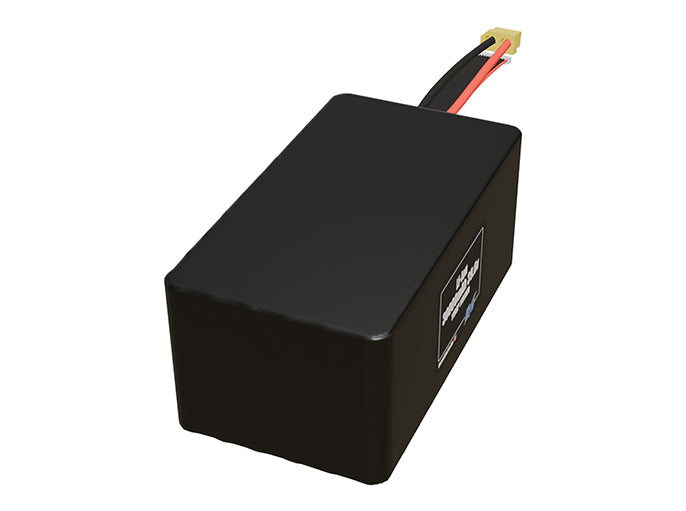 Side-angle render of a 39.6-volt 30000mAh lithium-ion battery, assembled in the USA for compact UAV, drone, and military robotics platforms.