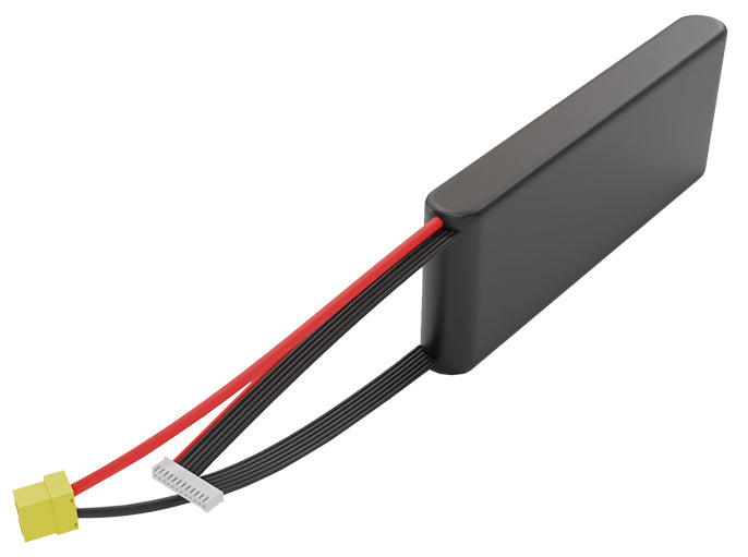 Side-angle render of a 39.6-volt 3500mAh lithium-ion battery, assembled in the USA for compact UAV, drone, and military robotics platforms.