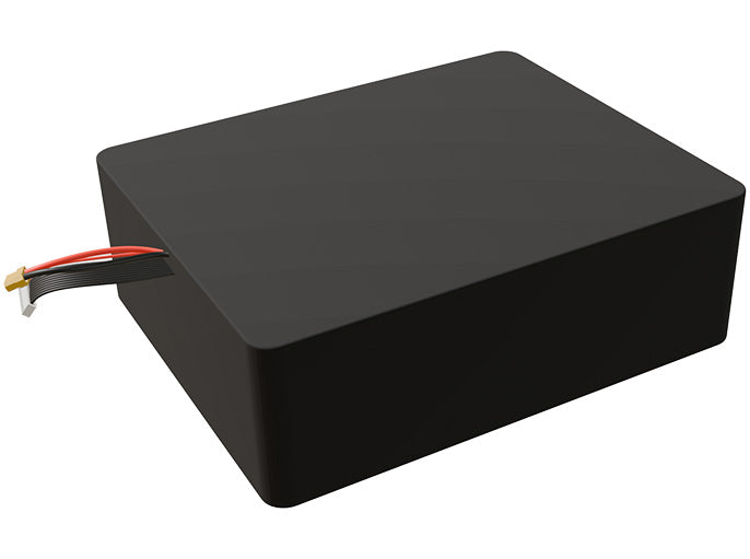 Side-angle render of a 39.6-volt 40000mAh lithium-ion battery, assembled in the USA for compact UAV, drone, and military robotics platforms.