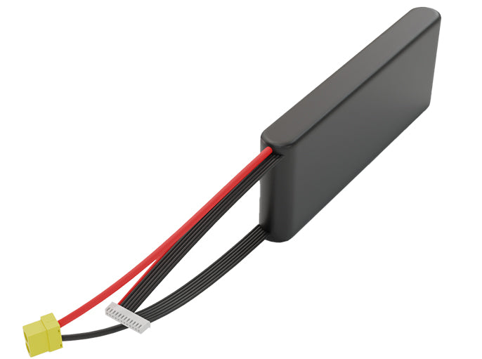 Side-angle render of a 39.6-volt 4500mAh lithium-ion battery, assembled in the USA for compact UAV, drone, and military robotics platforms.