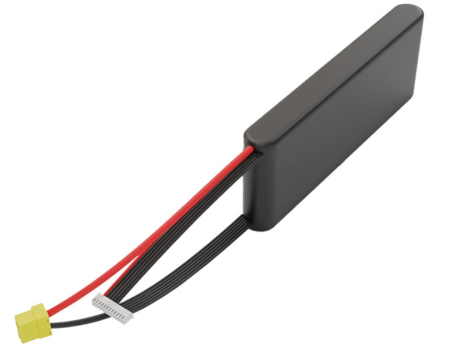 Side-angle render of a 39.6-volt 5000mAh lithium-ion battery, assembled in the USA for compact UAV, drone, and military robotics platforms.