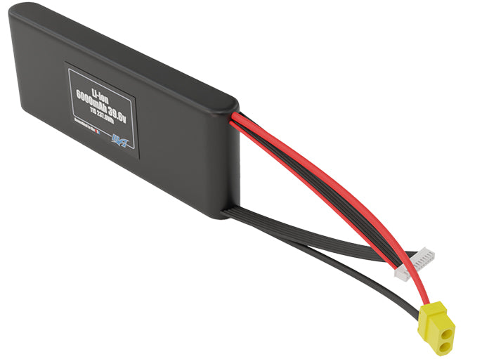 Side-angle render of a 39.6-volt 6000mAh lithium-ion battery, assembled in the USA for compact UAV, drone, and military robotics platforms.