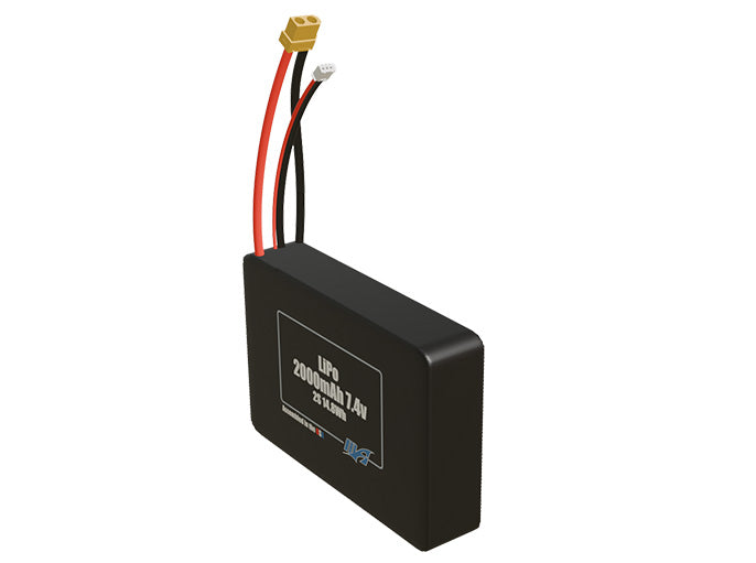 Angled product render of the 2000mAh two-cell LiPo pack. A lightweight energy source for UAV, drone, and robotic builds.