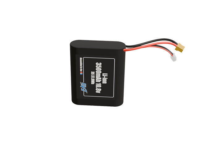 Front-facing render of the 10.8V 3500mAh 3S Li-ion battery, assembled in the USA by maxamps, for drone and robotics applications.