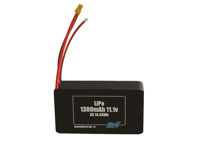 Front-facing render of the 11.1V 1300mAh 3S LiPo battery, assembled in the USA by maxamps, for drone and robotics applications.