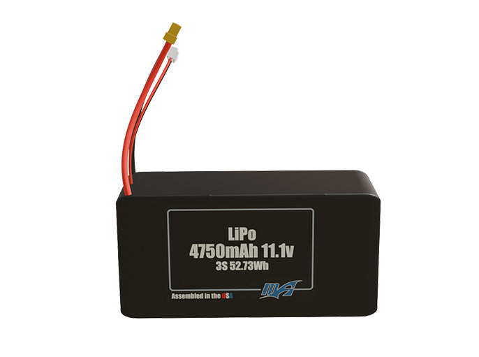 Front-facing render of the 11.1V 4750mAh 3S LiPo battery, assembled in the USA by maxamps, for drone and robotics applications.