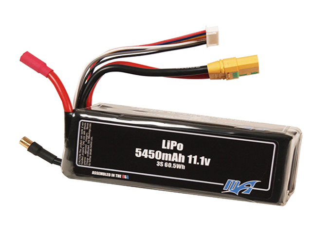 Front-facing render of the 11.1V 5450mAh 3S modular LiPo battery, assembled in the USA by maxamps, for drone and robotics applications.