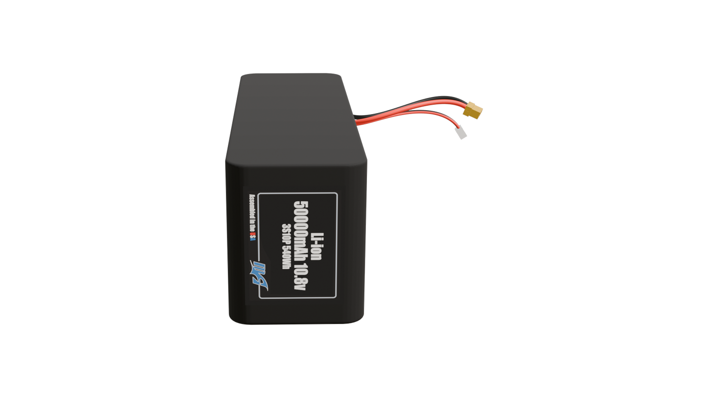 Front-facing render of the 10.8V 50000mAh 3S10P Lithium-Ion battery, assembled in the USA by maxamps, for drone and robotics applications.